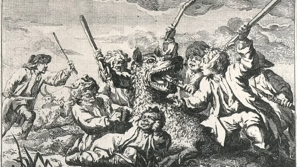 Les sept jeunes combattent la bête (illustration), Paris, BNF, 1764