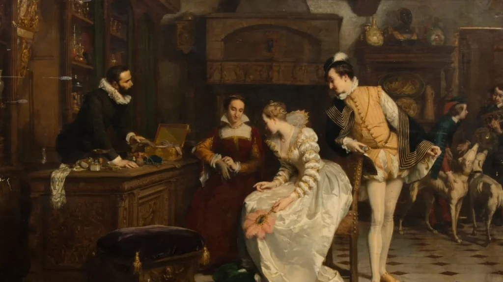 jeanne-d'albret-achetant-des-gants-empoisonnés-au-parfumeur-de-catherine-de-medicis